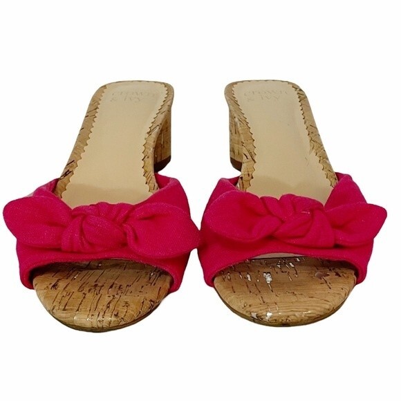 Crown & Ivy Winnie Slides Fuchsia Fabric Bow Cork Block Heel Sandal Size 7.5 - Picture 8 of 14